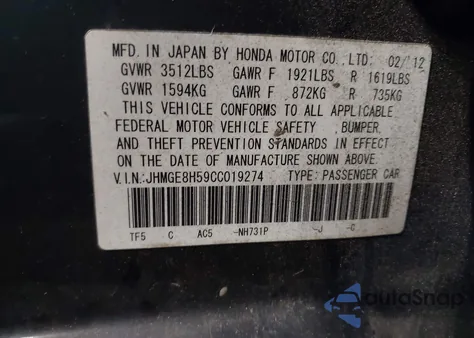 2012 Honda Fit Sport из США, поврежденный, VIN JHMGE8H59CC019274